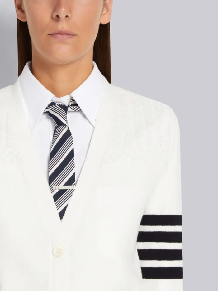 Cotton Hector Medallion 4bar Vneck Cardigan White Women Thom Browne Knitwear