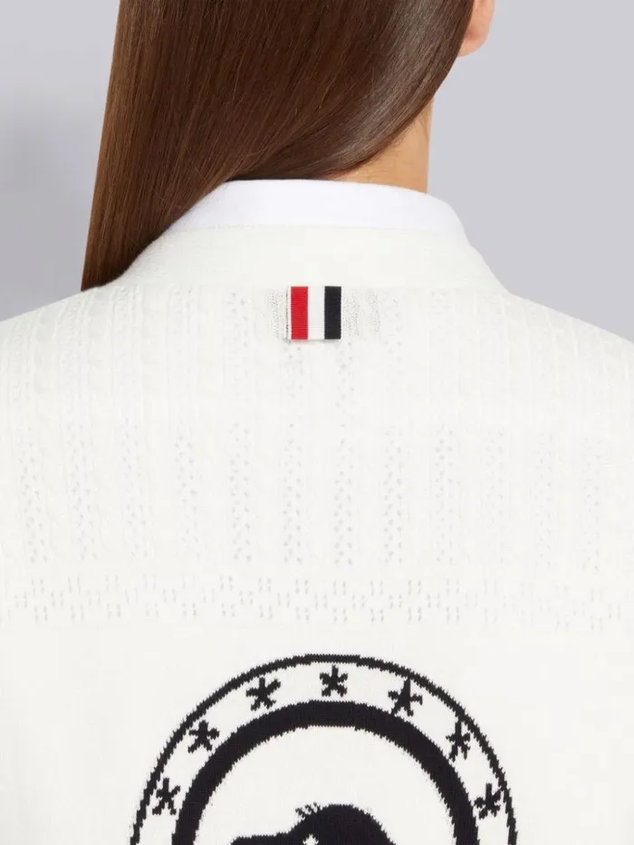 Cotton Hector Medallion 4bar Vneck Cardigan White Women Thom Browne Knitwear