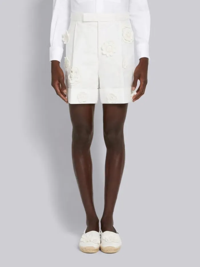Cotton Linen Floral Crochet Side Tab Short White Men Thom Browne Trousers