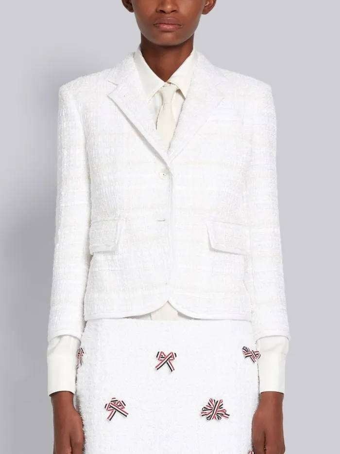 Cotton Oxford Ribbon Tweed Tipped High Armhole Jacket White Women Thom Browne Jackets Cotton Oxford Ribbon Tweed Tipped High Armhole Jacket White Women Thom Browne Jackets