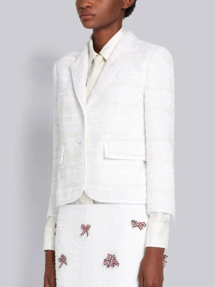 Cotton Oxford Ribbon Tweed Tipped High Armhole Jacket White Women Thom Browne Jackets