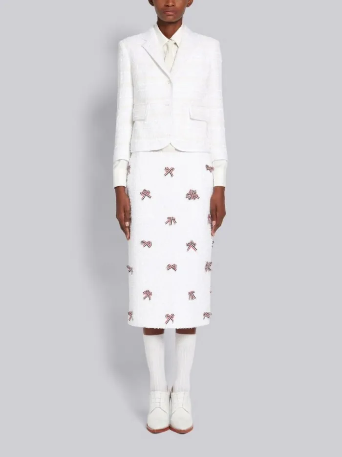 Cotton Oxford Ribbon Tweed Tipped High Armhole Jacket White Women Thom Browne Jackets
