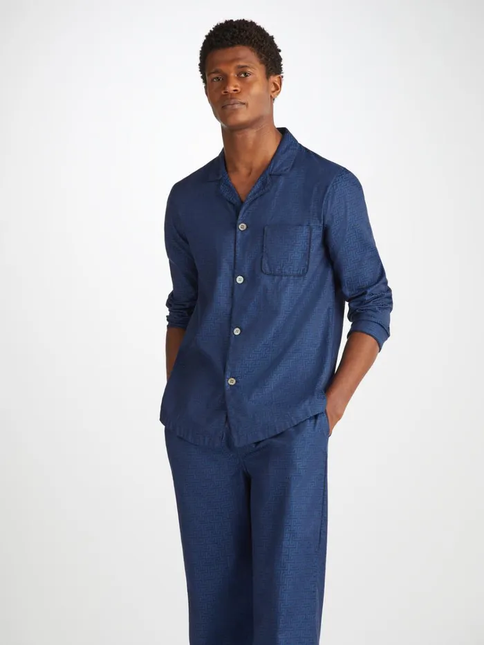 Cotton Pajamas Men Derek Rose Modern Fit Pajamas Paris 27 Cotton Jacquard Navy