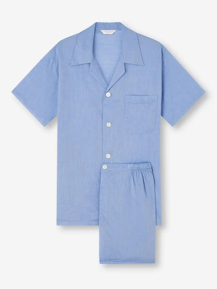 Cotton Pajamas Men Derek Rose Short Pajamas Amalfi Cotton Batiste Blue