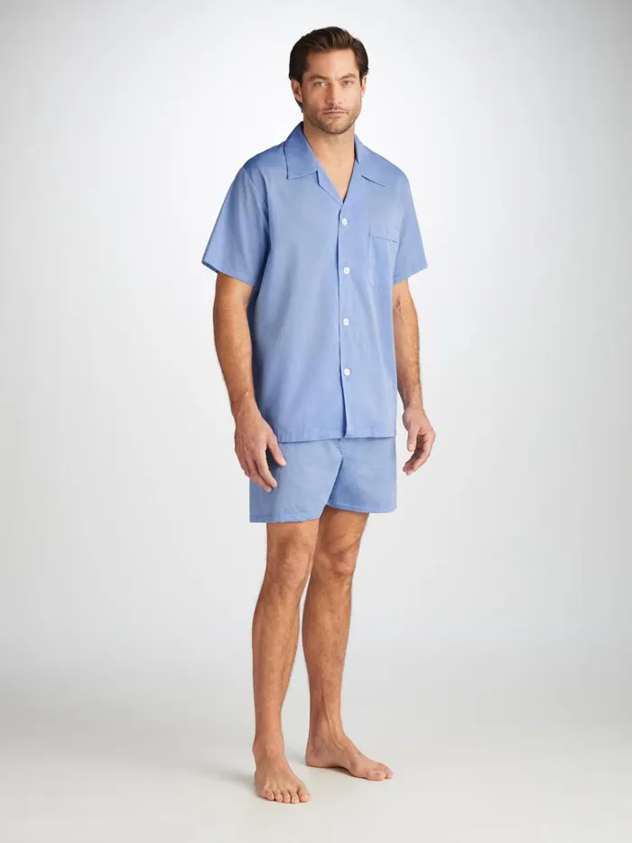 Cotton Pajamas Men Derek Rose Short Pajamas Amalfi Cotton Batiste Blue