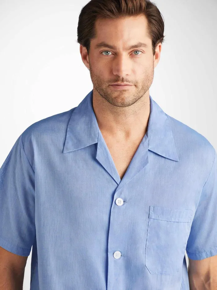 Cotton Pajamas Men Derek Rose Short Pajamas Amalfi Cotton Batiste Blue