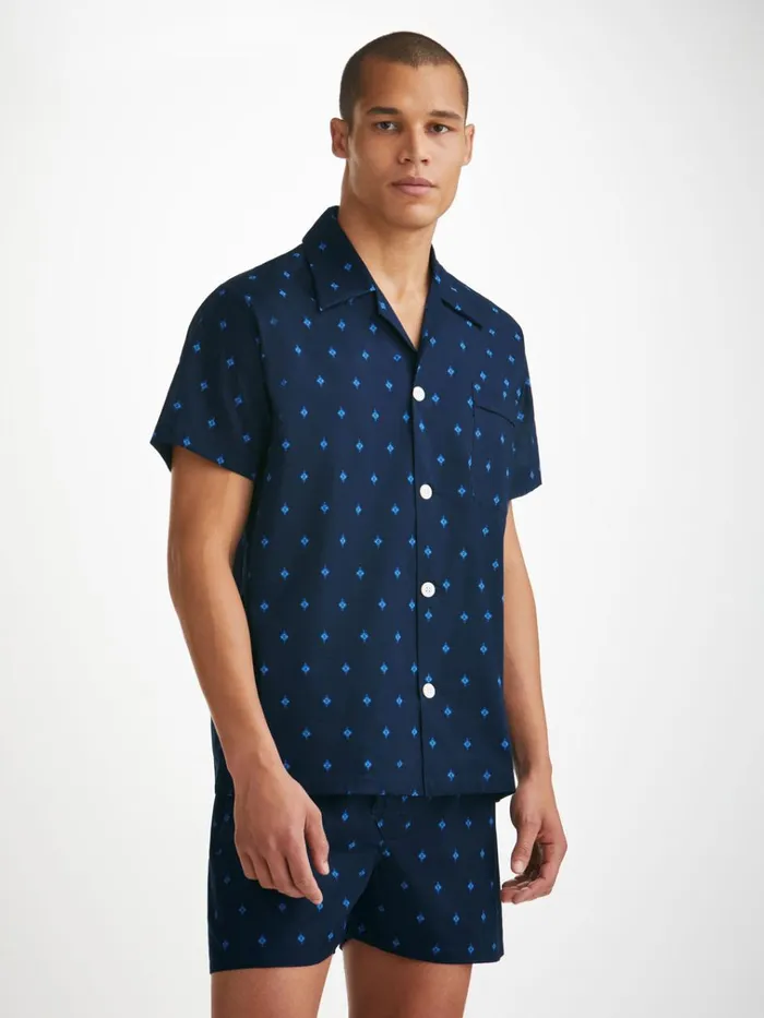 Cotton Pajamas Men Derek Rose Short Pajamas Nelson 98 Cotton Batiste Navy