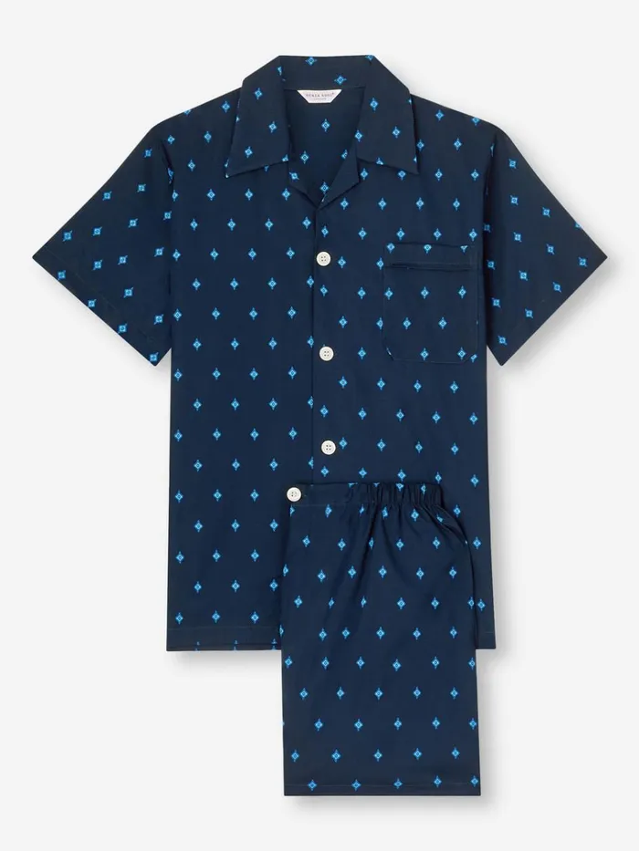 Cotton Pajamas Men Derek Rose Short Pajamas Nelson 98 Cotton Batiste Navy