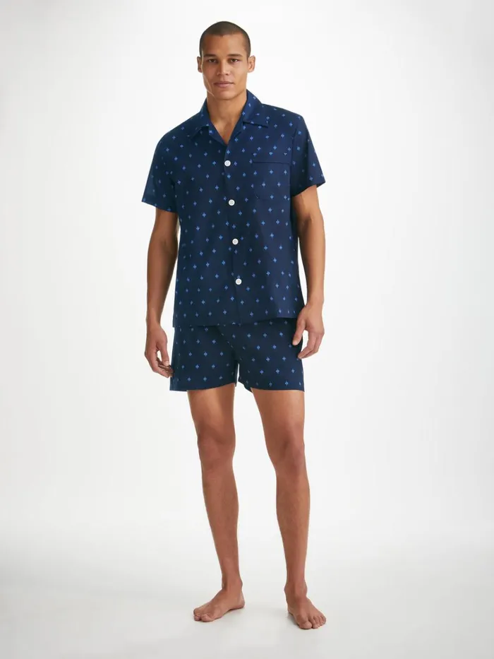 Cotton Pajamas Men Derek Rose Short Pajamas Nelson 98 Cotton Batiste Navy
