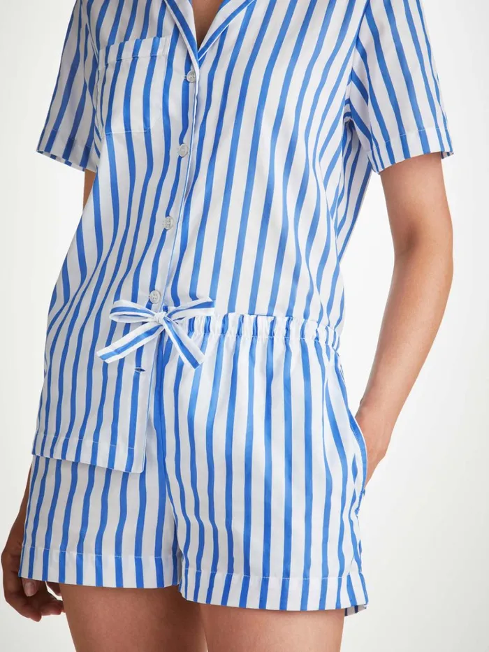 Cotton Pajamas Women Derek Rose Short Pajamas Capri 23 Cotton Batiste Blue