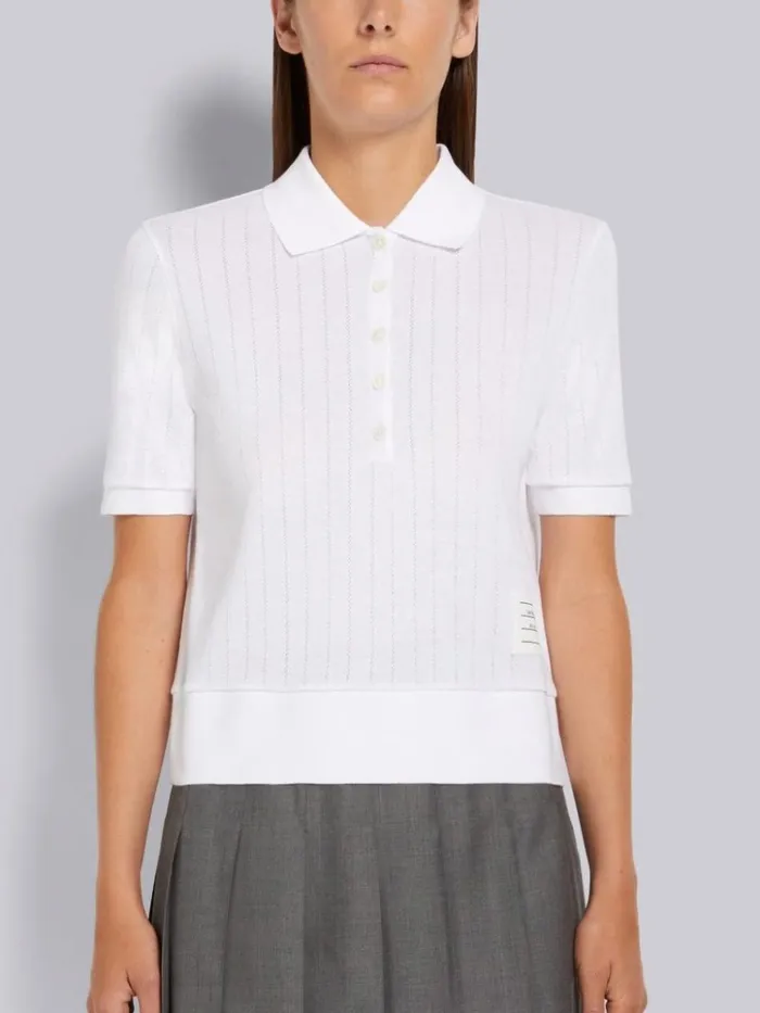 Cotton Pointelle Rib Short Sleeve Polo White Women Thom Browne Tshirts and Polos Cotton Pointelle Rib Short Sleeve Polo White Women Thom Browne Tshirts and Polos