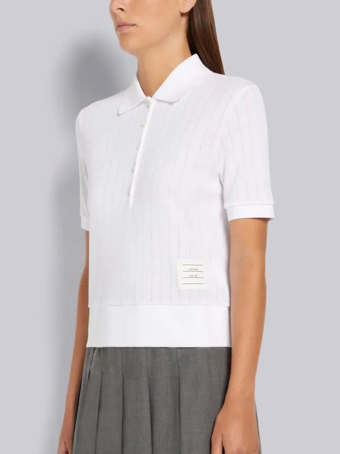 Cotton Pointelle Rib Short Sleeve Polo White Women Thom Browne Tshirts and Polos
