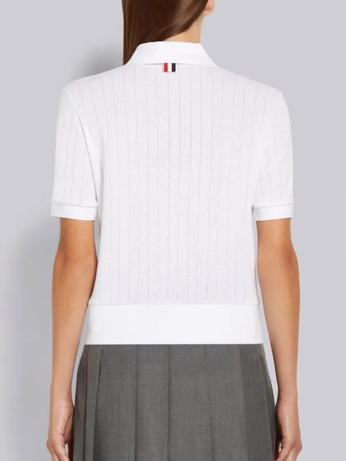Cotton Pointelle Rib Short Sleeve Polo White Women Thom Browne Tshirts and Polos