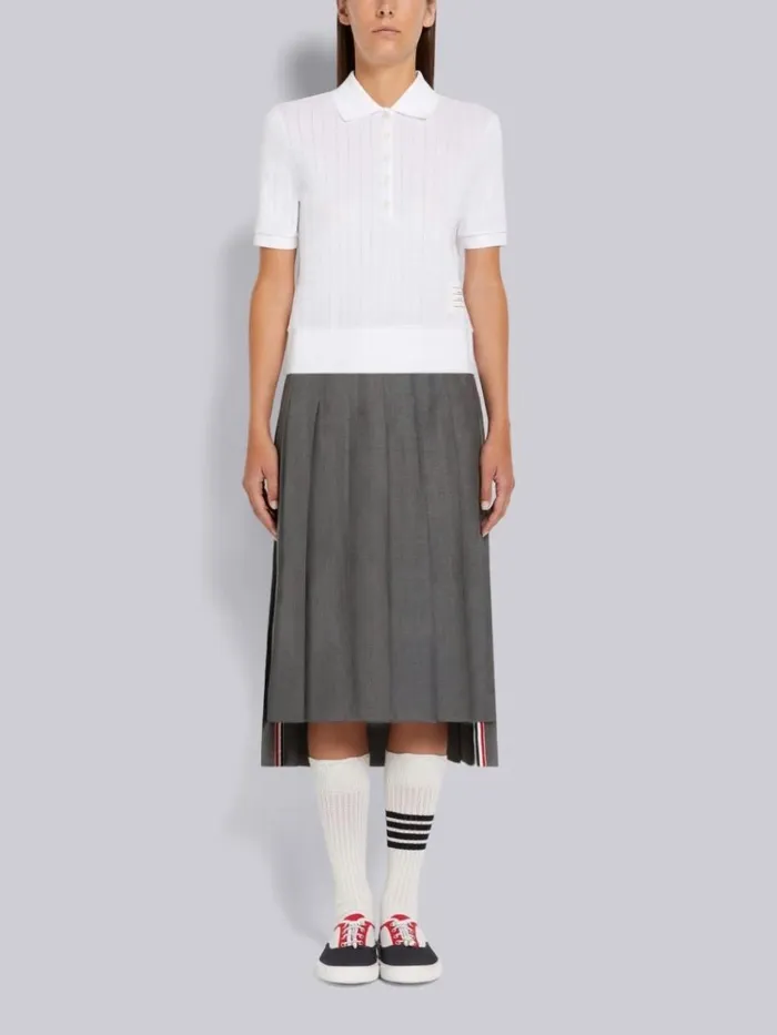 Cotton Pointelle Rib Short Sleeve Polo White Women Thom Browne Tshirts and Polos