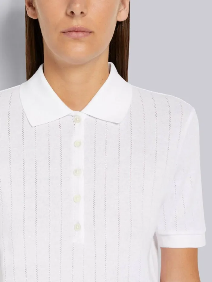 Cotton Pointelle Rib Short Sleeve Polo White Women Thom Browne Tshirts and Polos