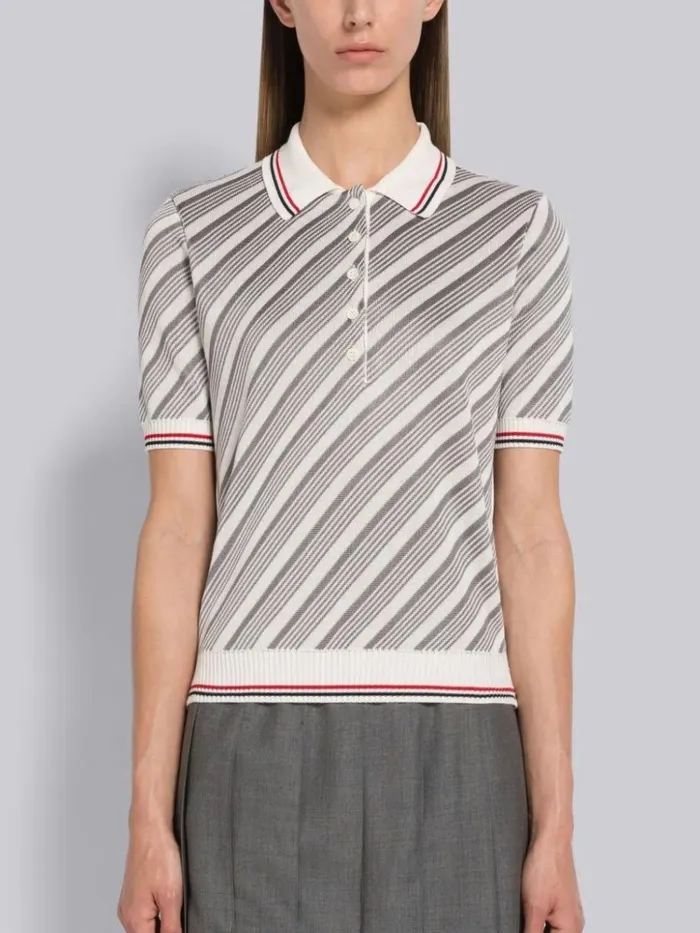 Cotton Silk 4bar Stripe Trim Polo Light Grey Women Thom Browne Knitwear