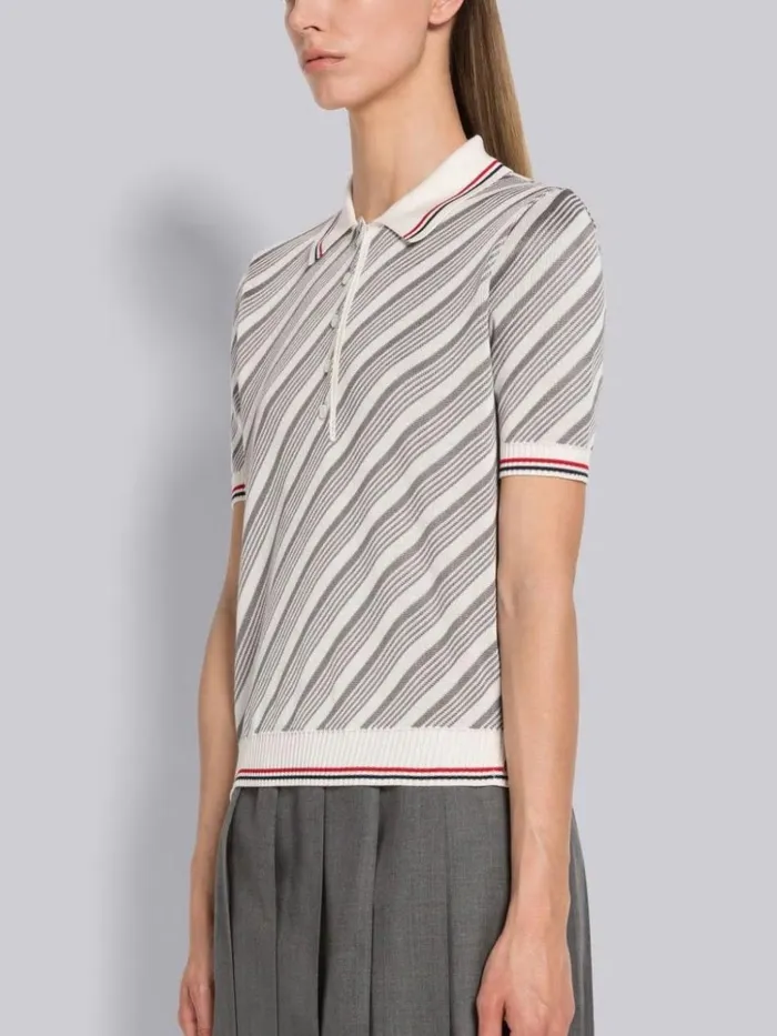 Cotton Silk 4bar Stripe Trim Polo Light Grey Women Thom Browne Knitwear