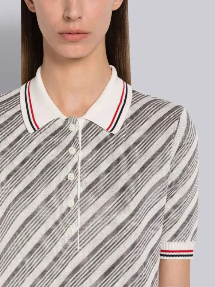 Cotton Silk 4bar Stripe Trim Polo Light Grey Women Thom Browne Knitwear