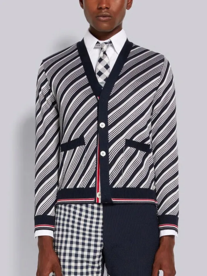 Cotton Silk Stripe Tipping Vneck Cardigan Navy Men Thom Browne Knitwear