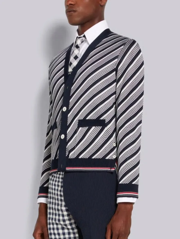 Cotton Silk Stripe Tipping Vneck Cardigan Navy Men Thom Browne Knitwear