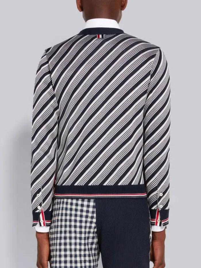Cotton Silk Stripe Tipping Vneck Cardigan Navy Men Thom Browne Knitwear