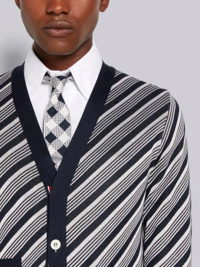 Cotton Silk Stripe Tipping Vneck Cardigan Navy Men Thom Browne Knitwear