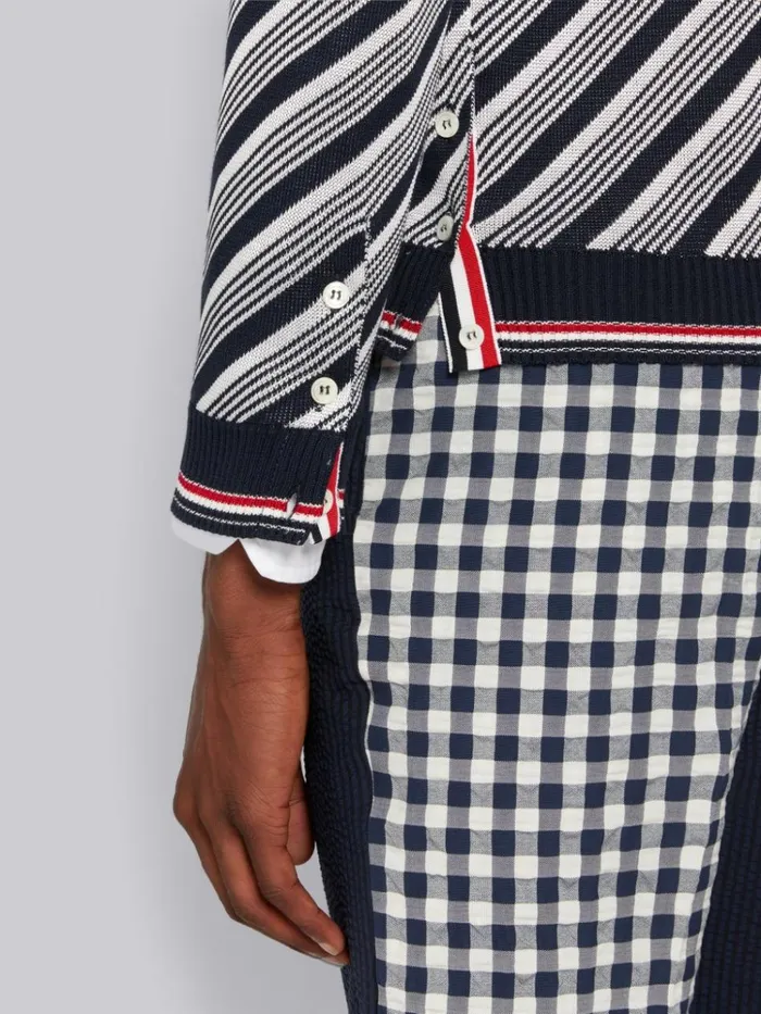 Cotton Silk Stripe Tipping Vneck Cardigan Navy Men Thom Browne Knitwear