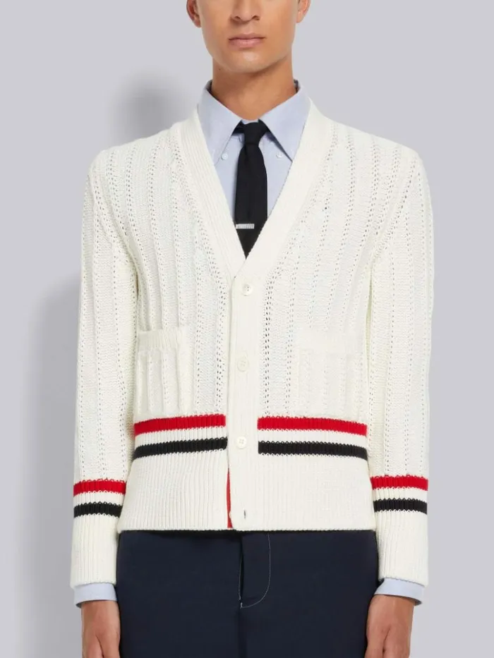 Cotton Stripe Trim Cable Knit Vneck Cardigan White Men Thom Browne Knitwear