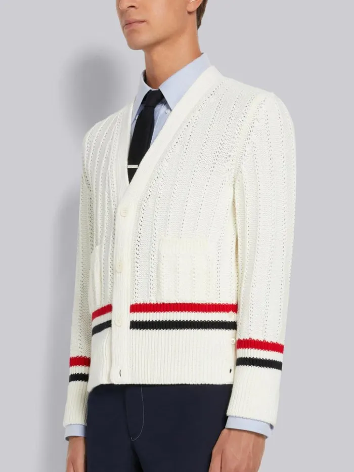 Cotton Stripe Trim Cable Knit Vneck Cardigan White Men Thom Browne Knitwear