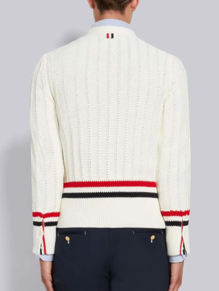Cotton Stripe Trim Cable Knit Vneck Cardigan White Men Thom Browne Knitwear