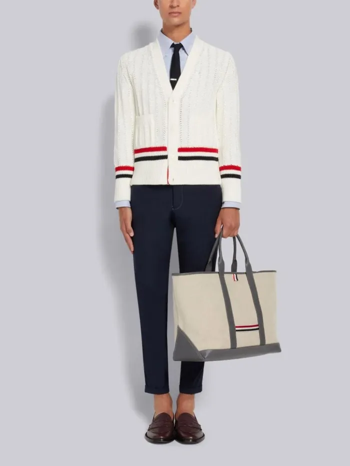 Cotton Stripe Trim Cable Knit Vneck Cardigan White Men Thom Browne Knitwear
