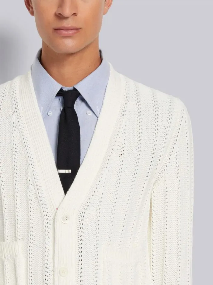 Cotton Stripe Trim Cable Knit Vneck Cardigan White Men Thom Browne Knitwear