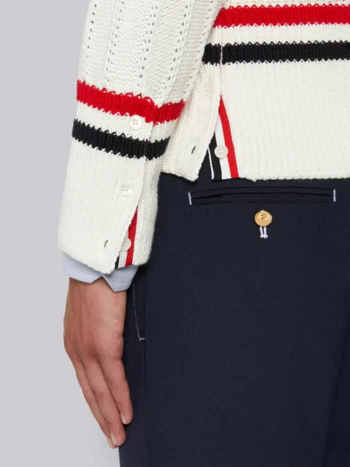 Cotton Stripe Trim Cable Knit Vneck Cardigan White Men Thom Browne Knitwear
