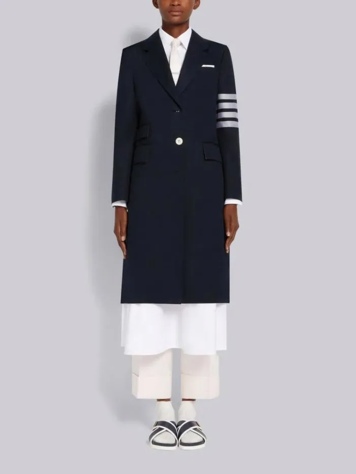 Cotton Twill Engineered 4bar Unlined Single Vent Overcoat Navy Women Thom Browne Outerwear Cotton Twill Engineered 4bar Unlined Single Vent Overcoat Navy Women Thom Browne Outerwear