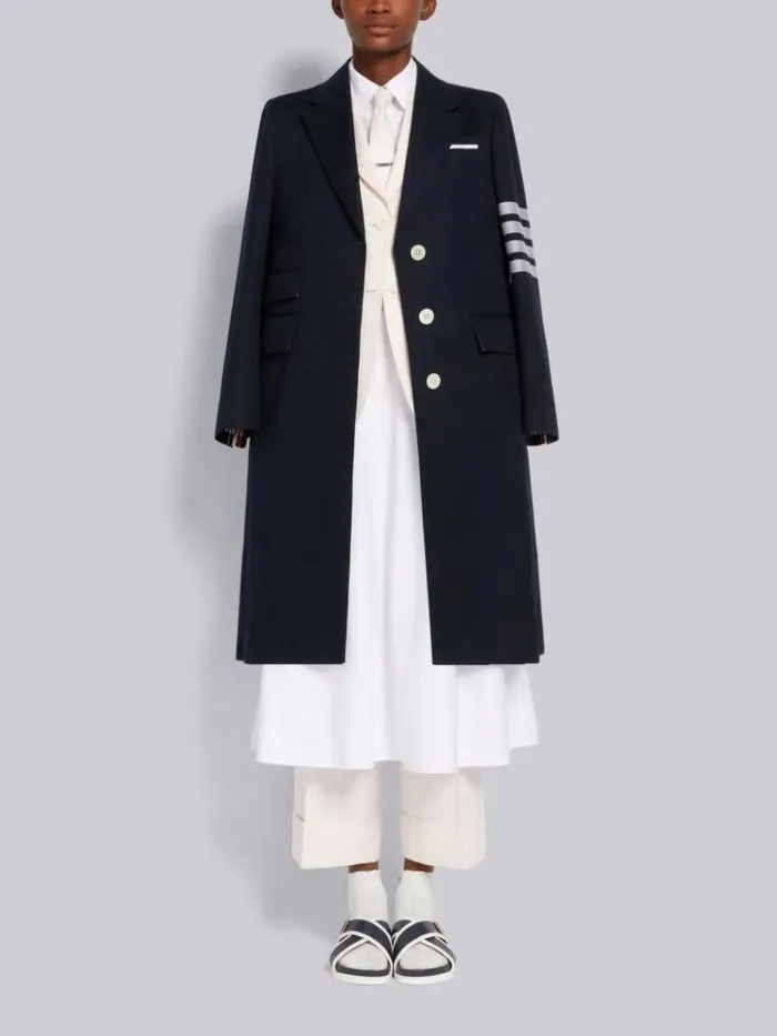 Cotton Twill Engineered 4bar Unlined Single Vent Overcoat Navy Women Thom Browne Outerwear