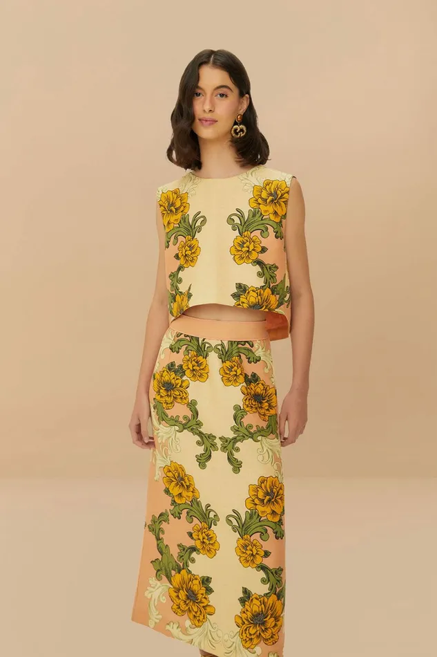 Cream Delicate Flower Arabesques Euroflax Premium Linen Midi Skirt Women FARM Rio Skirts Cream Delicate Flower Arabesques Euroflax Premium Linen Midi Skirt Women FARM Rio Skirts