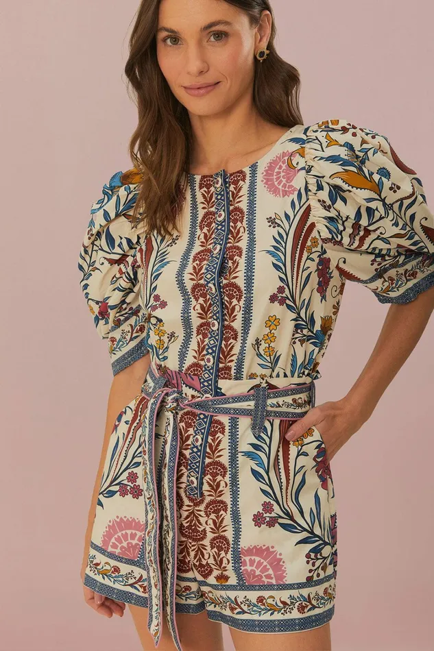 Cream Romantic Lightness Belted Romper Women FARM Rio Rompers
