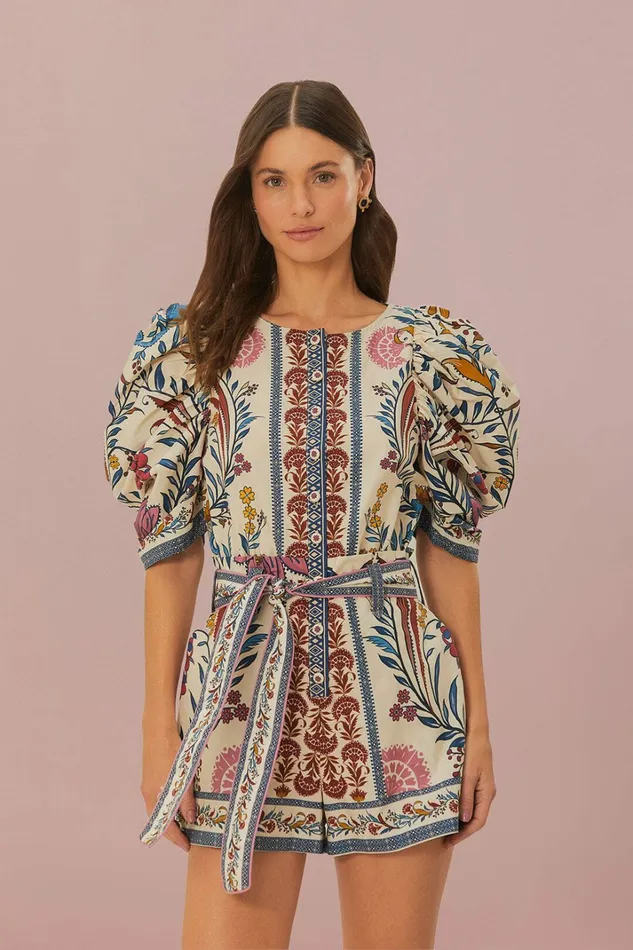 Cream Romantic Lightness Belted Romper Women FARM Rio Rompers Cream Romantic Lightness Belted Romper Women FARM Rio Rompers