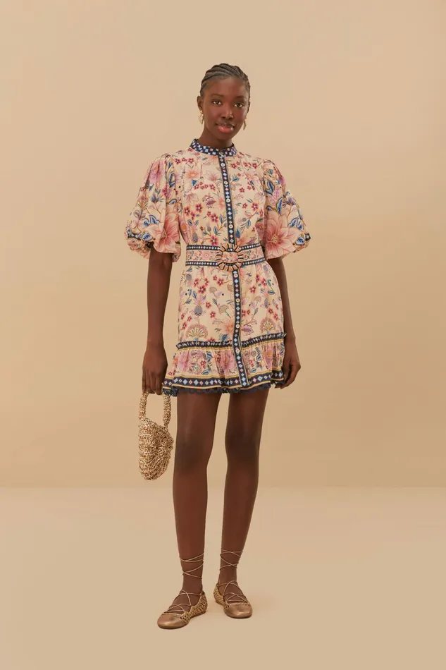 Cream Superbloom Tapestry Puff Sleeve Mini Dress Women FARM Rio Mini Dresses