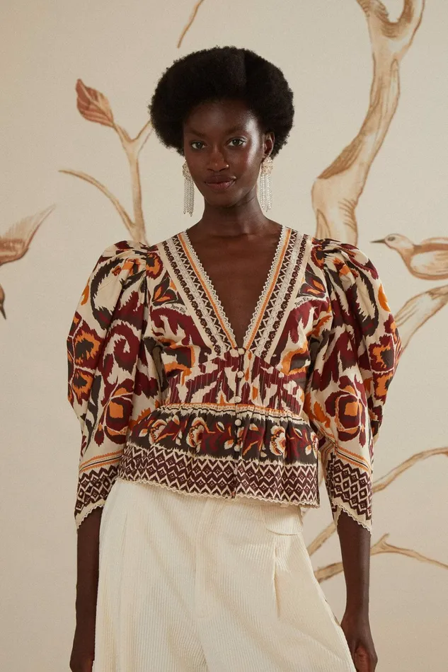 Cream Toucans Scarf Puff Sleeve Blouse Women FARM Rio Blouses