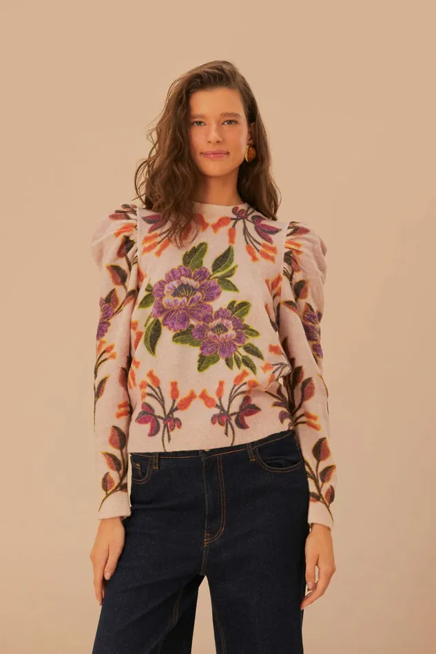 Cream Winter Garden Knit Sweater Women FARM Rio Sweaters and Sweatshirts