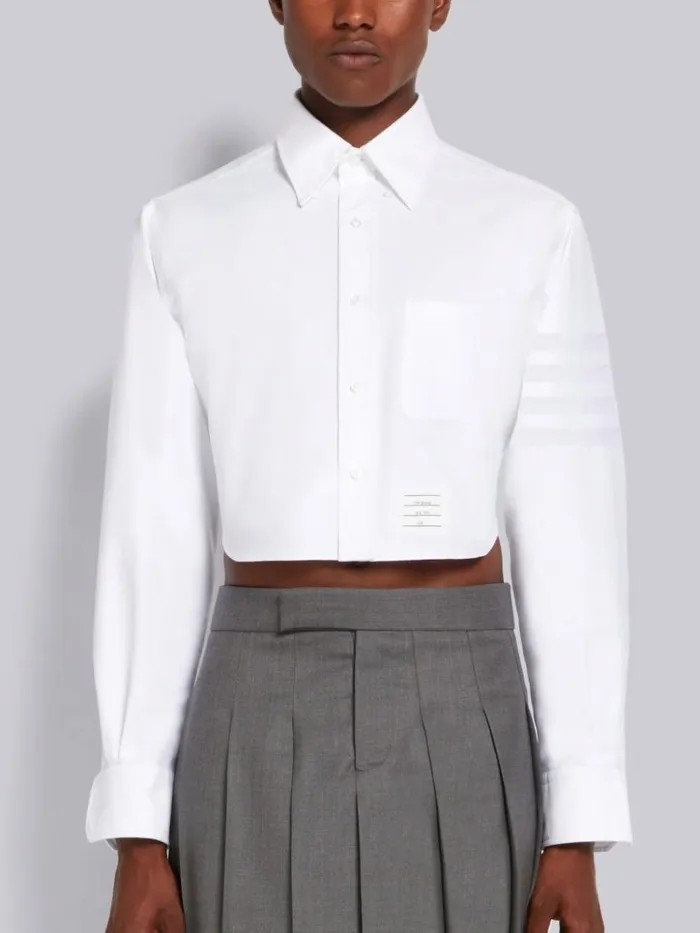 Cropped Shirt W Satin Weave 4bar In Oxford White Men Thom Browne Shirting