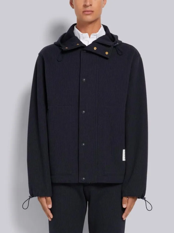Double Face Tech Seersucker Snap Front Hooded Parka Navy Men Thom Browne Outerwear