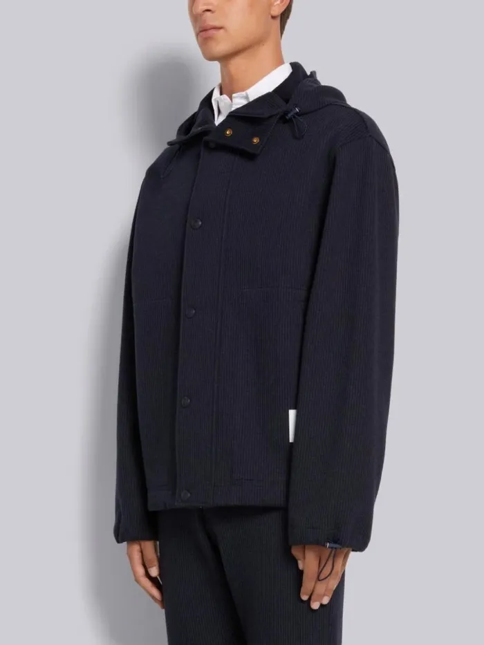 Double Face Tech Seersucker Snap Front Hooded Parka Navy Men Thom Browne Outerwear
