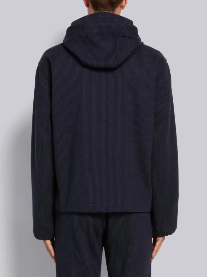 Double Face Tech Seersucker Snap Front Hooded Parka Navy Men Thom Browne Outerwear