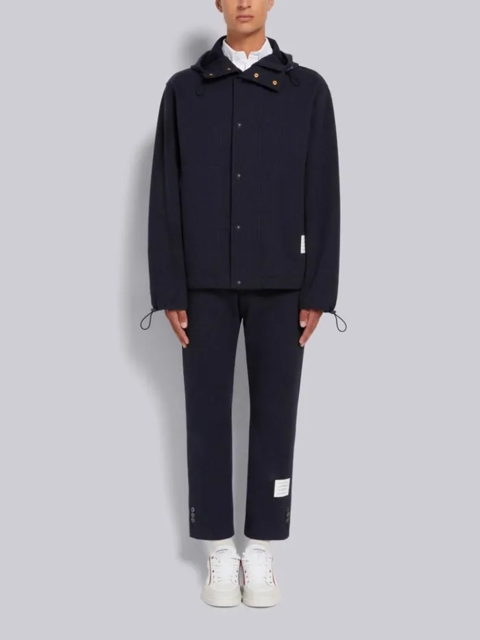 Double Face Tech Seersucker Snap Front Hooded Parka Navy Men Thom Browne Outerwear