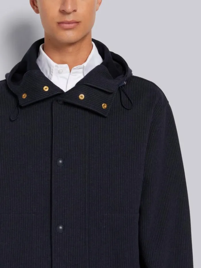 Double Face Tech Seersucker Snap Front Hooded Parka Navy Men Thom Browne Outerwear