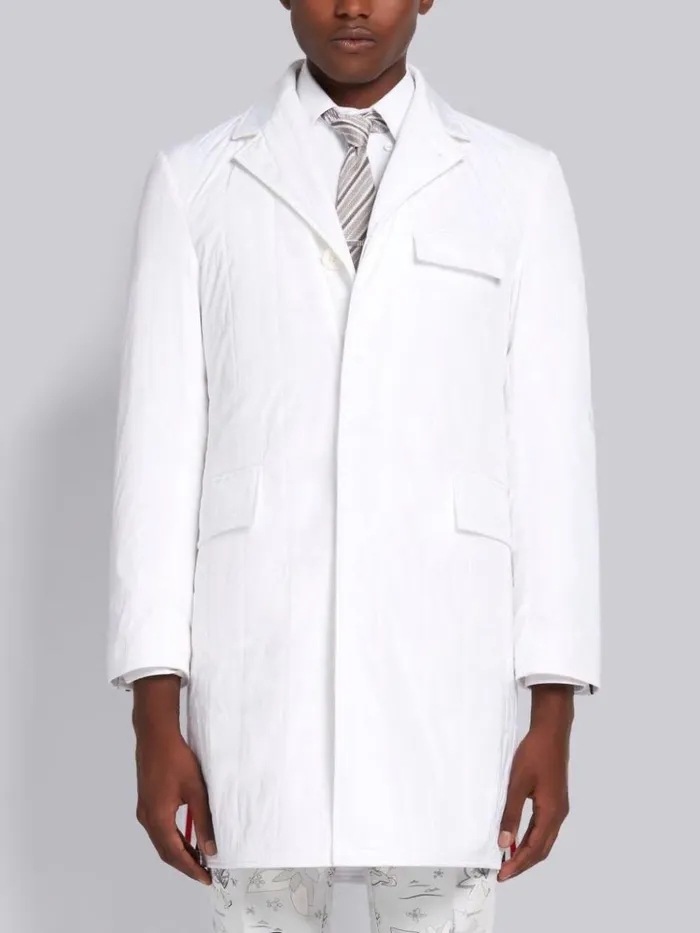 Down Filled Poly Twill Center Back Stripe Classic Chesterfield Overcoat White Men Thom Browne Outerwear Down Filled Poly Twill Center Back Stripe Classic Chesterfield Overcoat White Men Thom Browne Outerwear