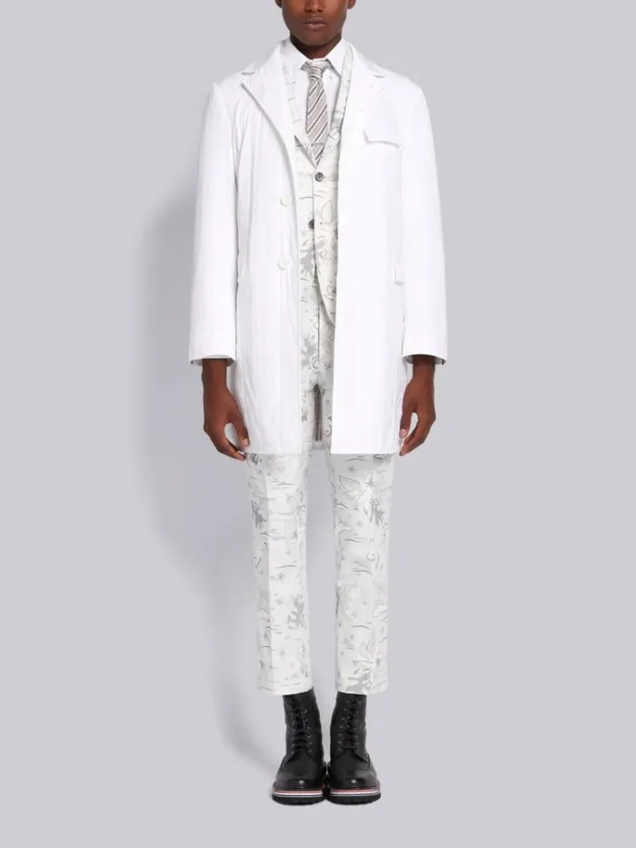 Down Filled Poly Twill Center Back Stripe Classic Chesterfield Overcoat White Men Thom Browne Outerwear