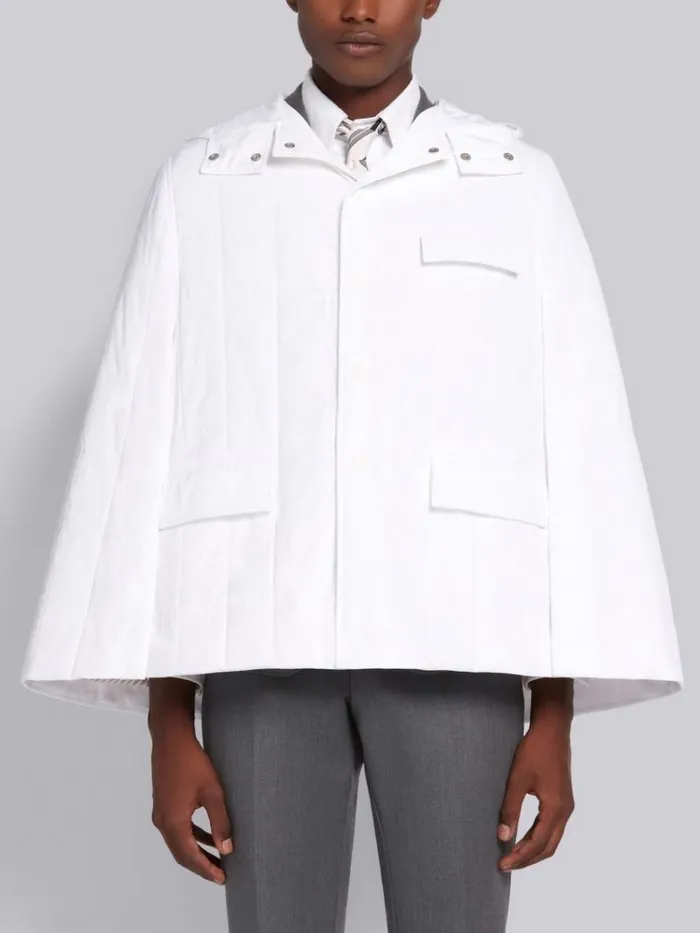 Down Filled Poly Twill Center Back Stripe Hooded Cape White Men Thom Browne Outerwear Down Filled Poly Twill Center Back Stripe Hooded Cape White Men Thom Browne Outerwear